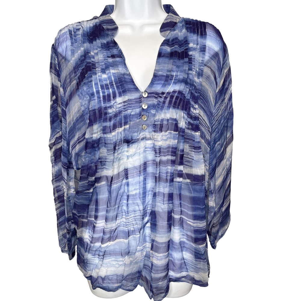 Casual Studio Womens Blue Sheer Abstract‎ Pintuck Blouse S Excellent Boho V-Neck